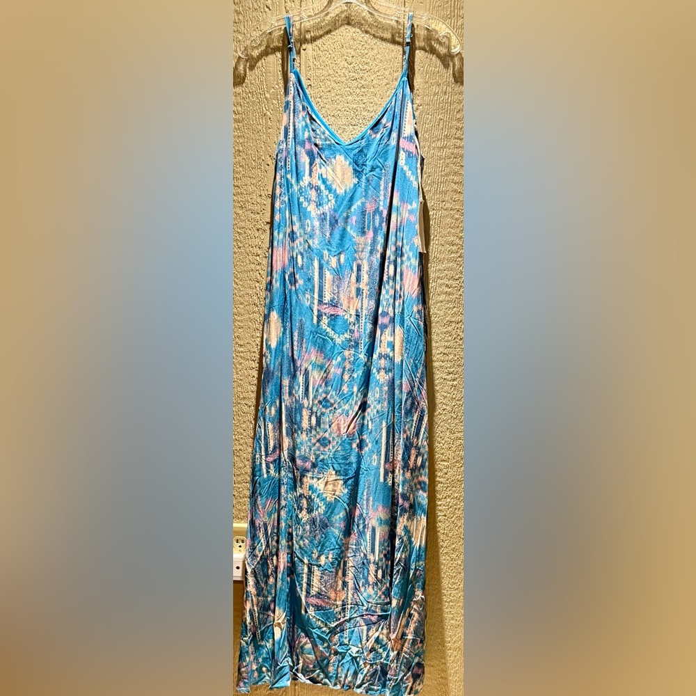 Savanna Jane Blue Boho Print Maxi Dress Sleeveless Spaghetti Straps NWT Size M
